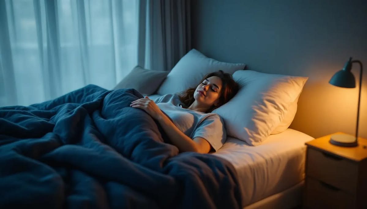 Soft gradient lighting layered over blankets suggesting a quiet evening unwind space.