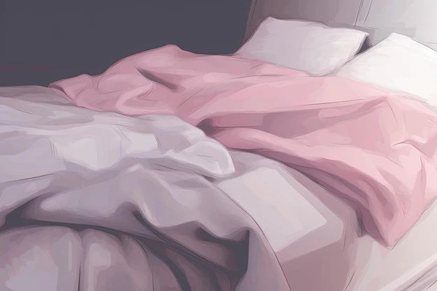 Bed lined with pastel cushions illustrating a restrained bedroom glow before bedtime audio begins.